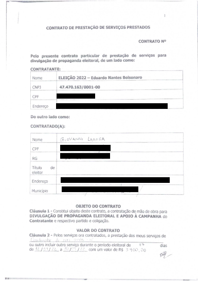 Copia del contrato de servicios de Giovani Larosa para la campaña de Eduardo Bolsonaro. Crédito: imagen Tribunal Superior Electoral de Brasil