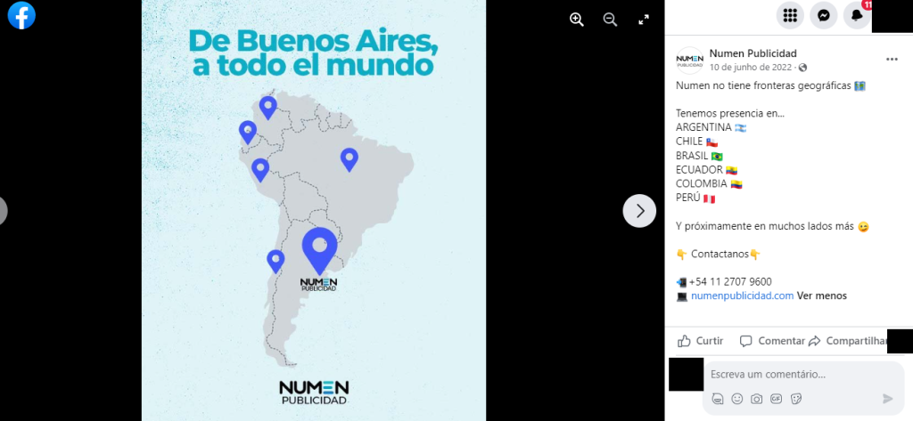 Print de la página de la empresa argentina Numen en Facebook con apuntes a oficinas en otros países. Sin embargo, ellos no fueron identificados por el proyecto "Mercenarios Digitales". Crédito: reproducción de redes sociales de Numen