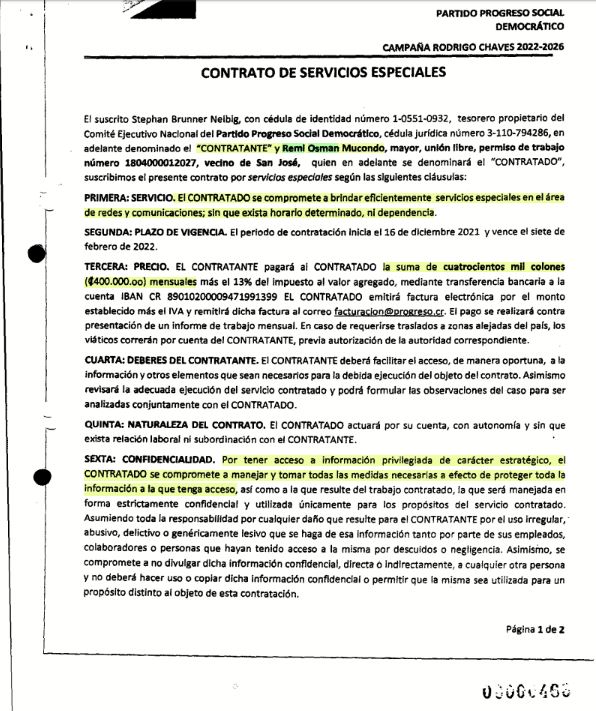 Imagen del contrato de Remi Osman con el partido político. 