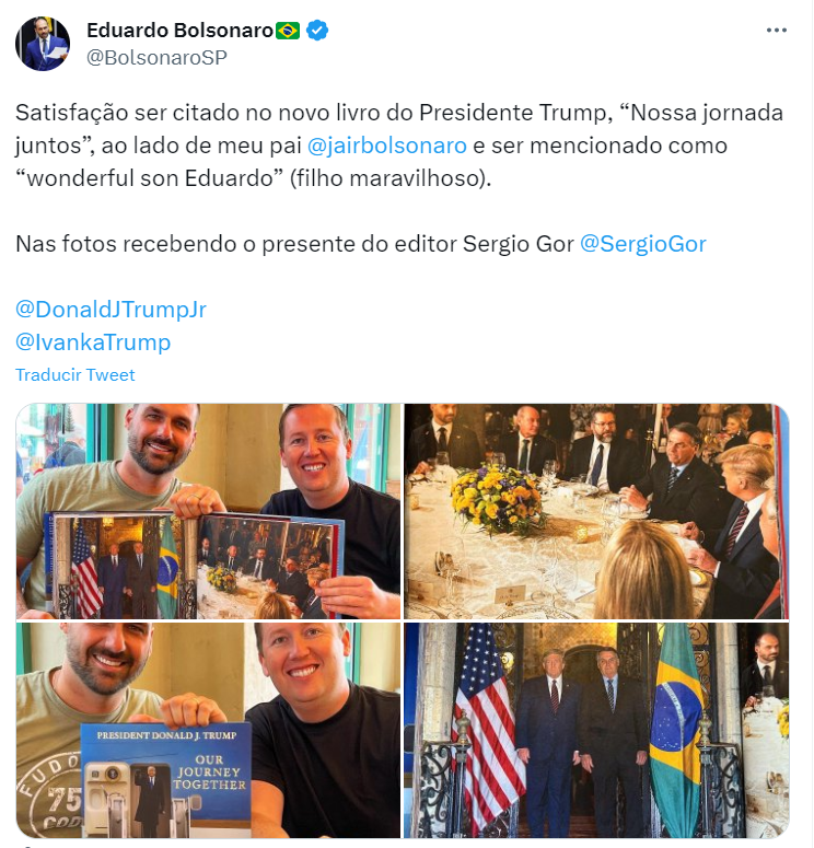 Tuit de Eduardo Bolsonaro con Sergio Gor, socio de Donald Trump Jr., hijo del expresidente, en la editorial Winning Team Publishing